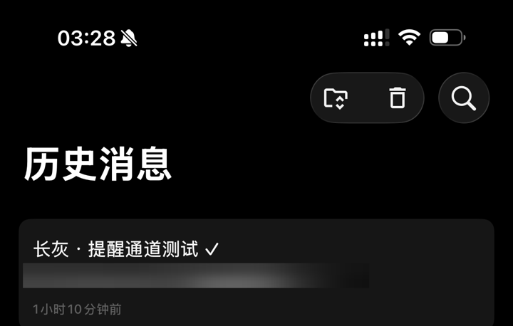 Bark 历史消息页真实截图：长灰测试推送已到达